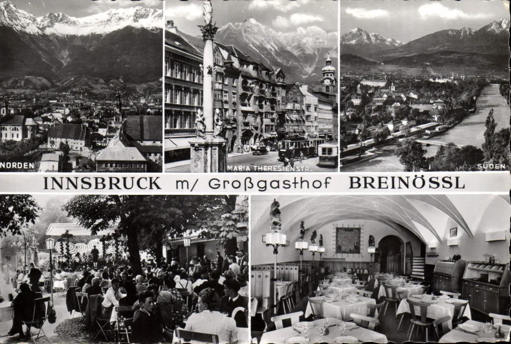 Innsbruck — Panoramablick und Innenansicht des Großgasthofs Breinössl — Verlag Tiroler Landesfeier - Vorderseite