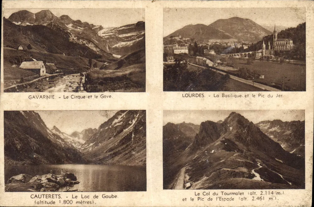 Gavarnie - Der Cirque und der Gove / Lourdes - Die Basilika und der Pic du Jer / Cauterets - See Gaube / Lourdes - Col du Tourmalet und Pic de l'Espade — Édition Photo Quinault, Nr. 1126 - Vorderseite