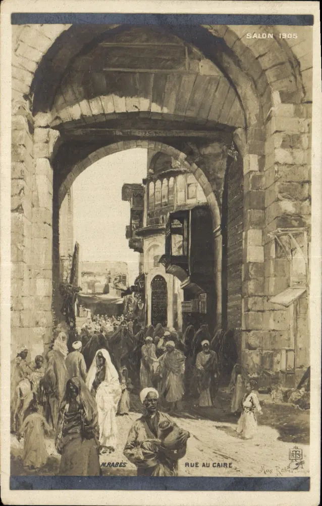 Rua no Cairo — vista de rua animada sob um arco — editor N. Rabés, Salon 1905 - Frente