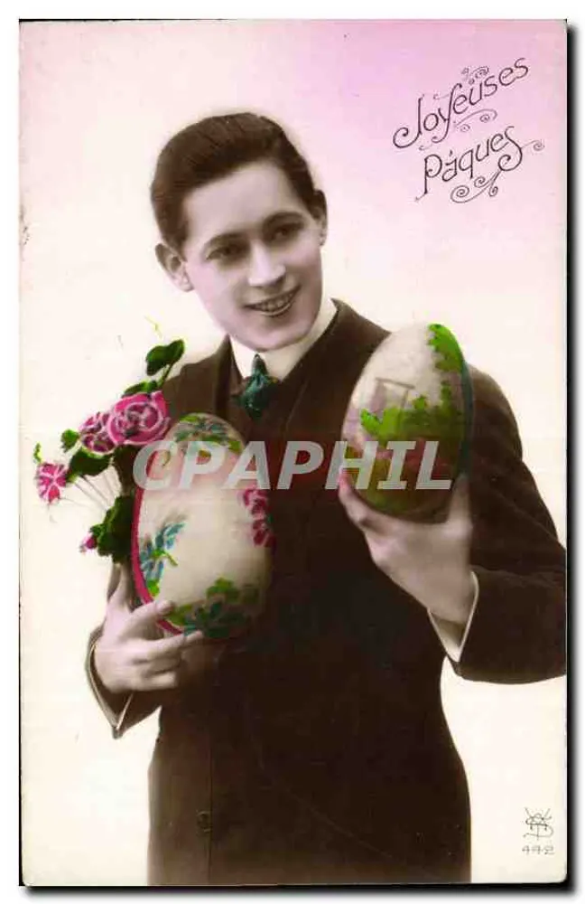 Jeune homme avec œufs de Pâques décorés — Joyeuses Pâques — éditeur anonyme, n° de série non visible - Awers