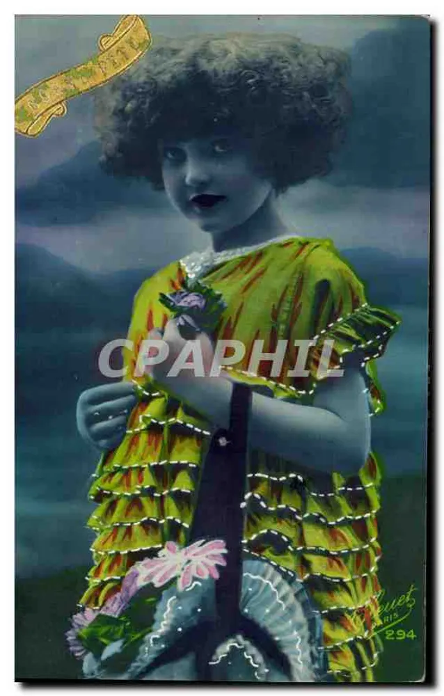 Jovem menina em vestido amarelo com babados — editor B. Buet, Paris, n° 294 - Frente