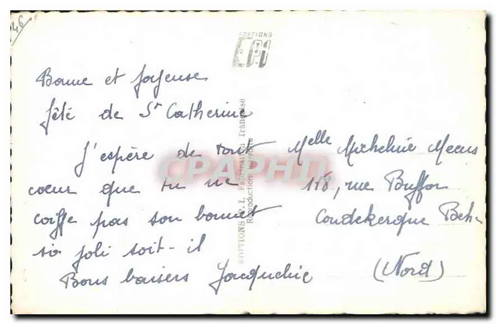 Mulher sorridente segurando uma flor — S.° CATHÉRINE — Edições CP4, n° 202 - Verso