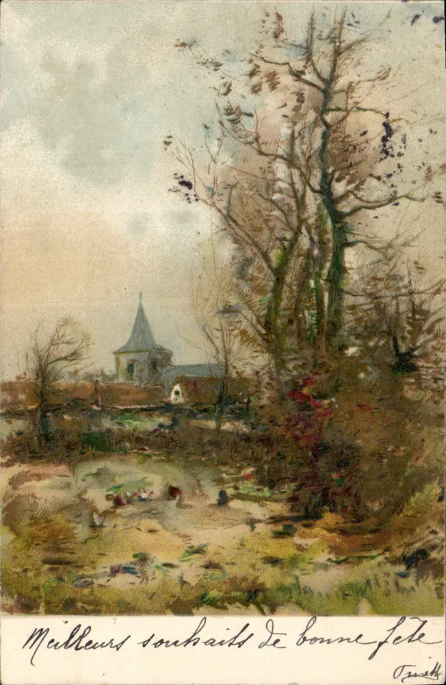 Vue de village avec église — Trazett — n° de série non visible - Frente