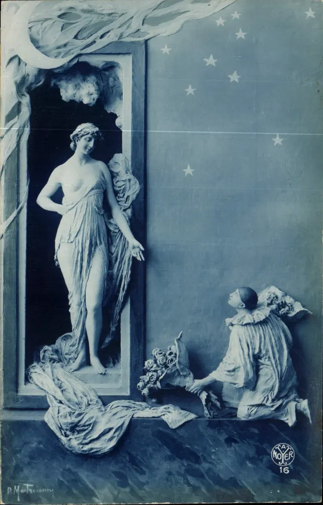 Estatua de mulher e malabarista — cena mitológica — editor Noyer, n°16 - Frente