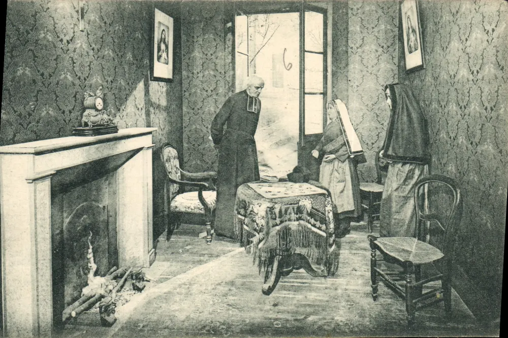 Bernadette Soubirous — cena na Gruta de Massabielle — Fototipia Maurice Tesson, 23 de fevereiro de 1858 - Frente