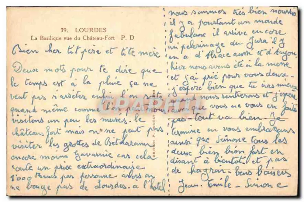 Lourdes — Blick auf die Basilika vom Schloss-Fort — Edition P. Douchet, Nr. 39 - Rückseite
