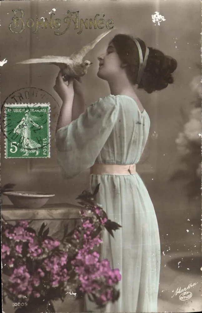 Frau mit Vogel — Frohe Neujahr — Martha, n°10009 - Vorderseite