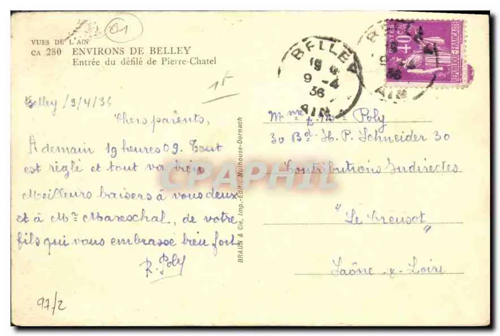 पीयर-शाटेल के दरवाजा — बेले के आसपास — पुराना पोस्टकार्ड संख्या 280 — प्रकाशक ब्राकॉन & सी, मुलहाउस-बर्नाच - पीछे