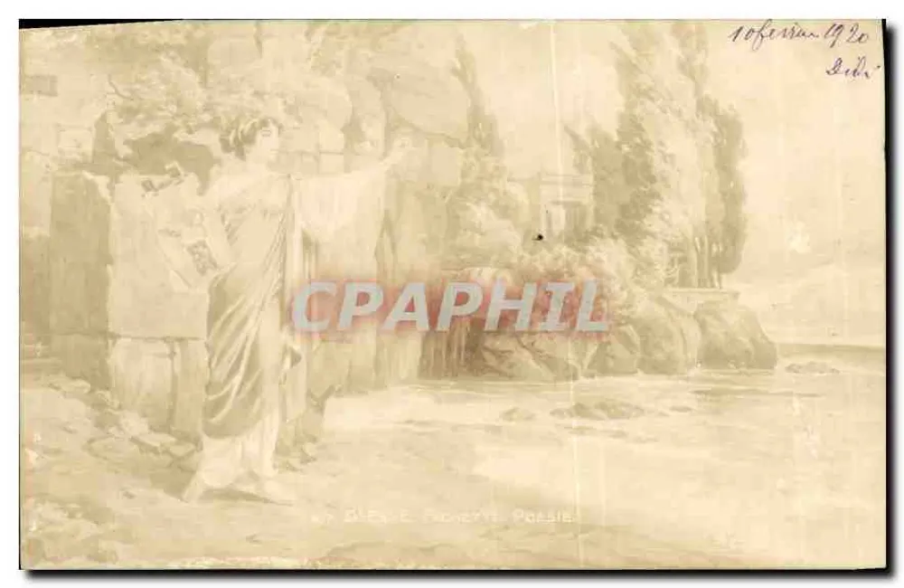 Mulher em vestido antigo perto de uma cascata — D. E. Pichoty, Poésie — Ed. Impressions d'Art - Frente