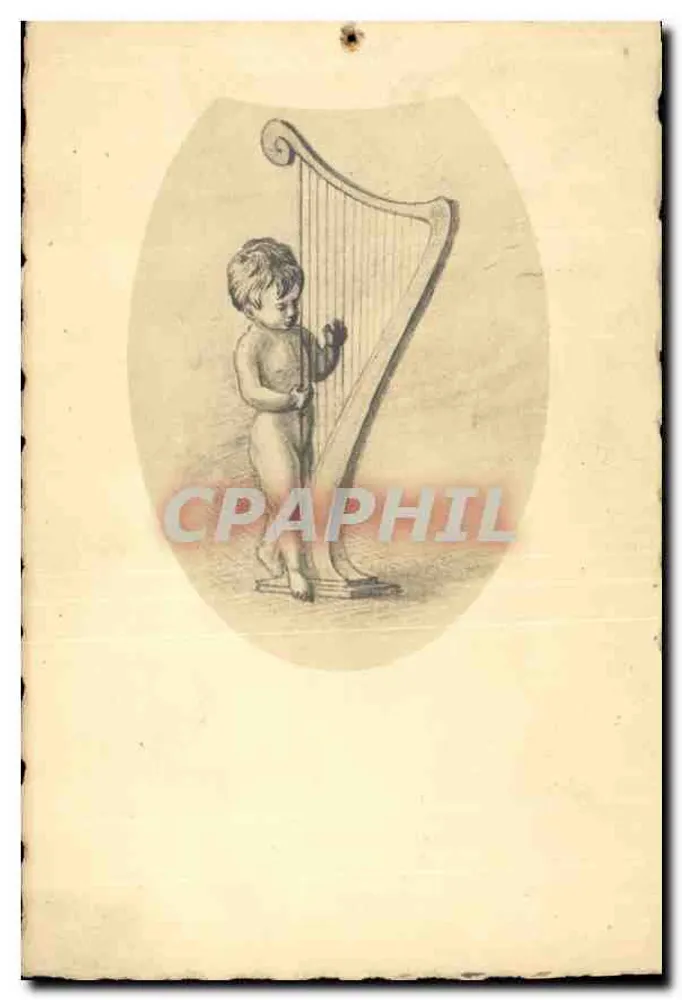 Criança tocando harpa — ilustração gravada — sem editor ou número visível - Frente