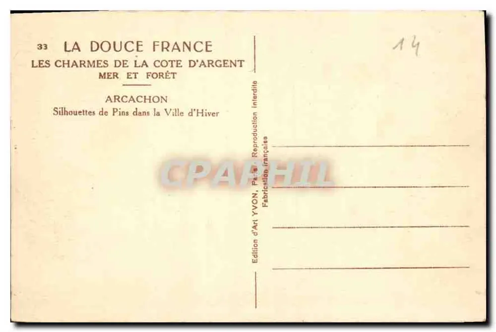 Die Reize der Côte d'Argent — Silhouetten von Kiefern in der Winterstadt — Künstleredition YVON, Paris - Rückseite