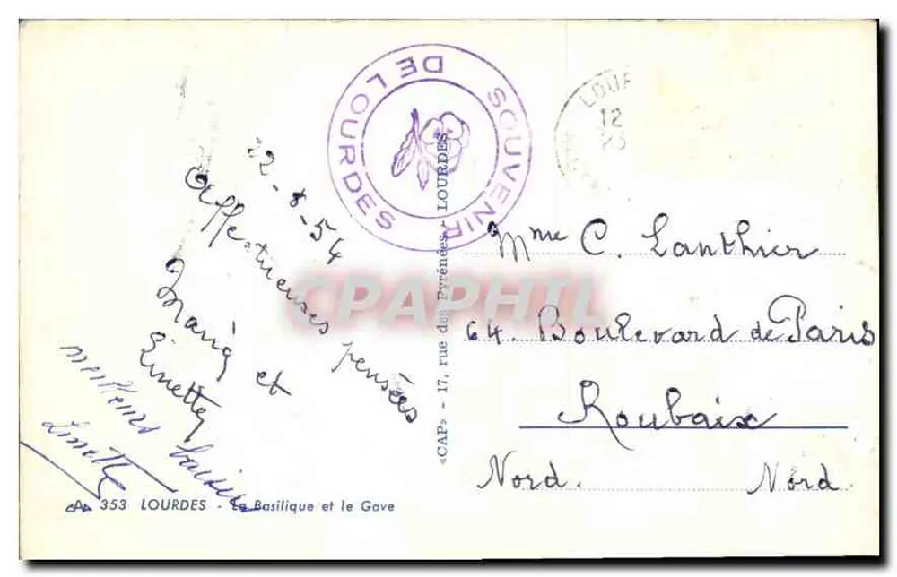 Lourdes — A Basílica e o Gave — Bilhete postal antigo n°353, editor CAP - Verso