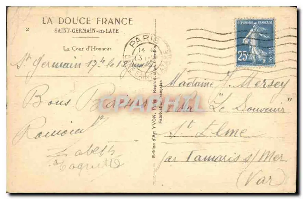 Cour d'Honneur do Castelo de Saint-Germain-en-Laye — Edição d'Art Yvon, n°2 - Verso