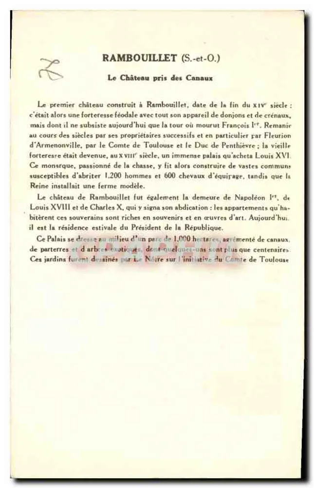 Rambouillet (Seine-et-Oise) — O Castelo visto dos Canais — Coleção da Soution Paulauberge, 4ª Série - Verso