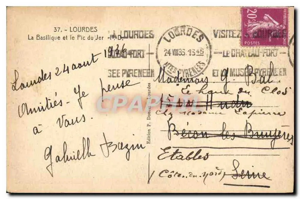 Lourdes — A Basílica e o Pic du Jer — Edição P. Doutre, série 37 - Verso