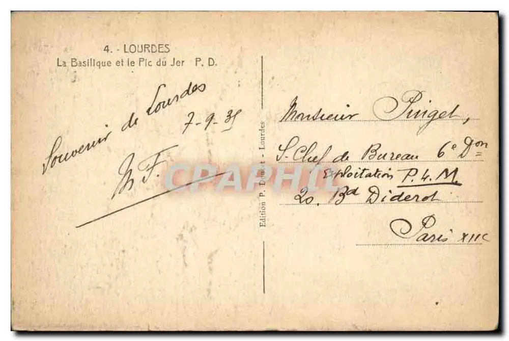 Lourdes — A Basílica e o Pic du Jer — Edição P. Diderot - Verso