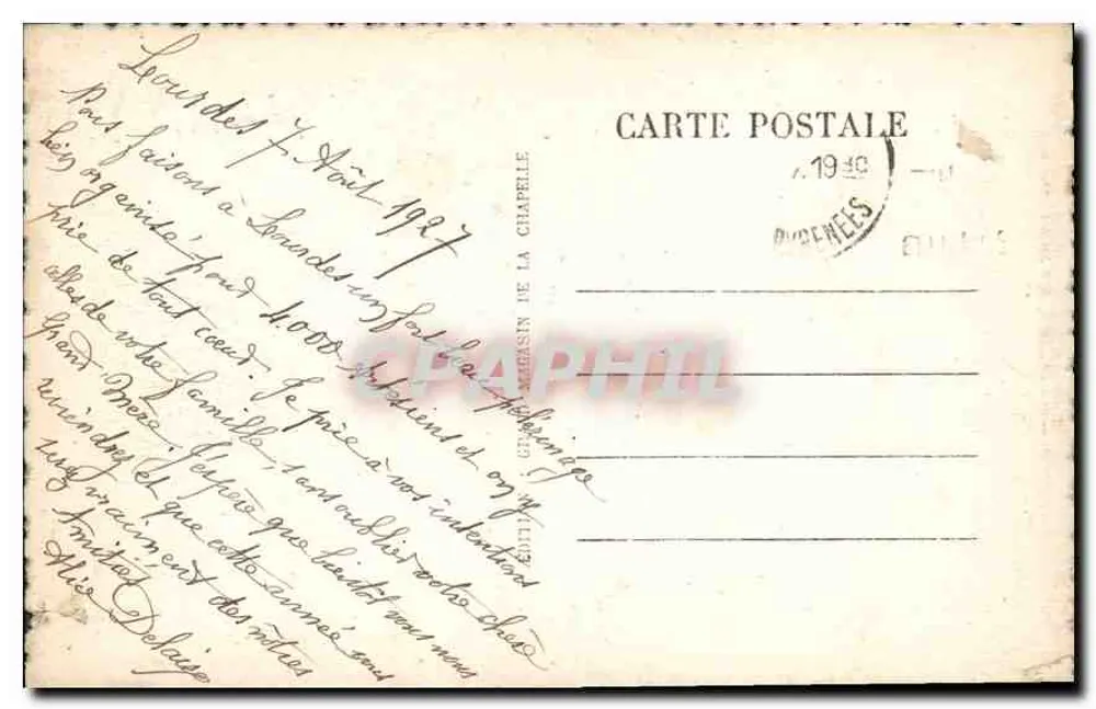 Lourdes — Estátua da Consolatrix Afflictorum por J. Dechein — Oferecida pelo diocese de Cambrai - Verso