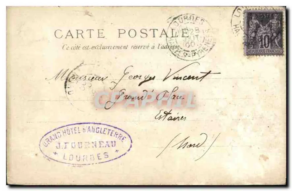 Most Bétharram (Hautes-Pyrénées) — widok mostu nad strumieniem, z wstawką reklamową dla Grand Hôtel d'Angleterre — wydawca J. POURNEAU, numer serii nie widoczny - Rewers
