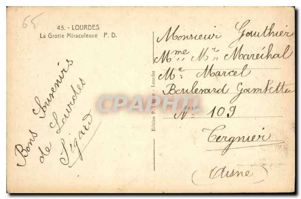 A Grotta Milagrosa — Lourdes — Edição P. Léger, n° 109 - Verso