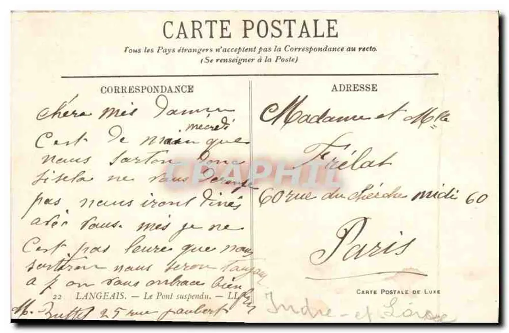 Ponte suspensa em Langeais — vista do Rio Rhône — Carte postale de luxe - Verso