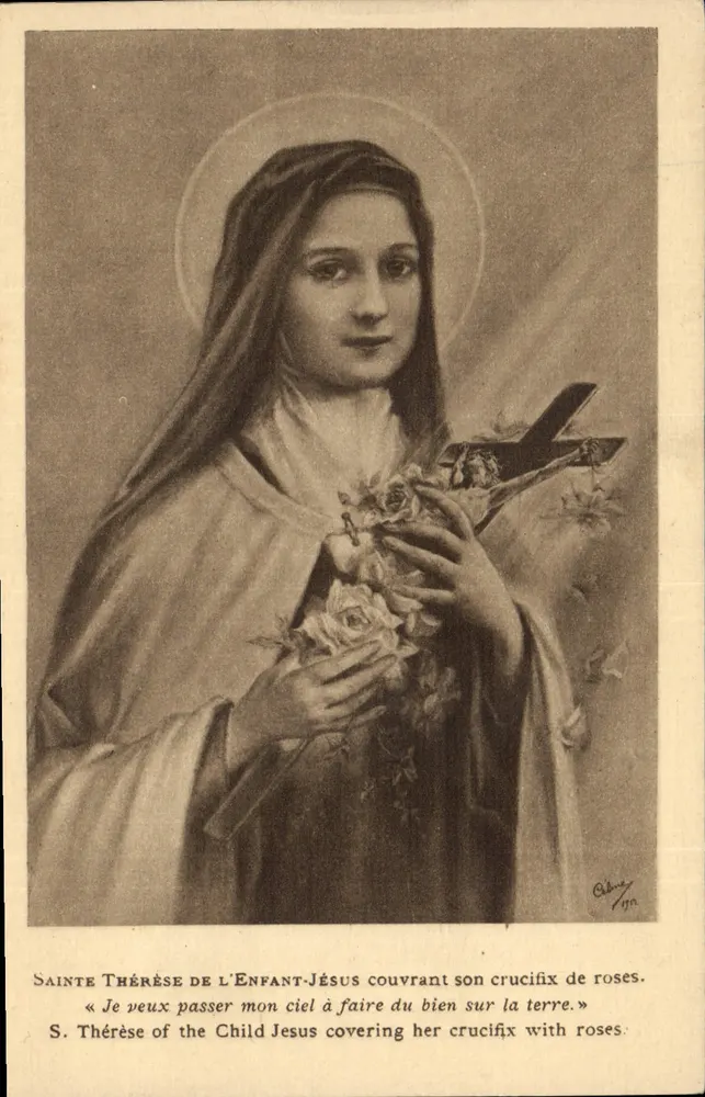 Heilige Thérèse des Kindes Jesu — ihr Kreuz mit Rosen bedeckt — Verlag DEPOSA, Seriennummer nicht sichtbar - Vorderseite