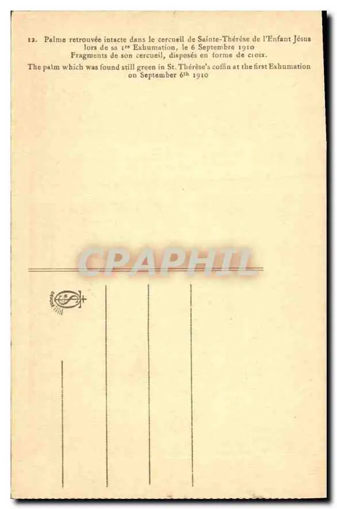 Palmenblätter, die in der Leiche der Heiligen Thérèse des Kindes Jesu gefunden wurden — Exhumation am 6. September 1910 — unbekannter Verlag, Nr. 12 - Rückseite