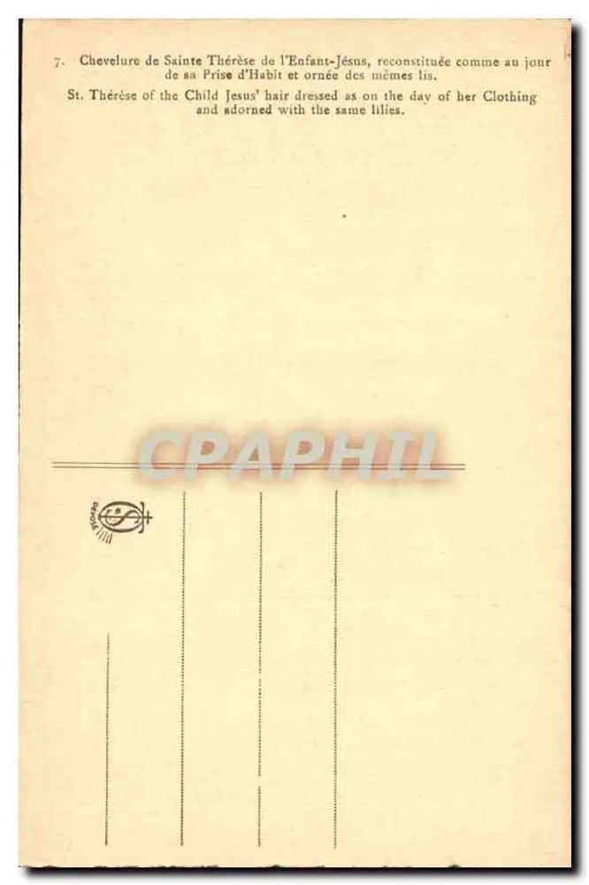 Cabelo de Santa Térèsa da Criança Jesus — reconstituído como no dia de sua Tomada de Vestido — editor VICTOR, n°7 - Verso