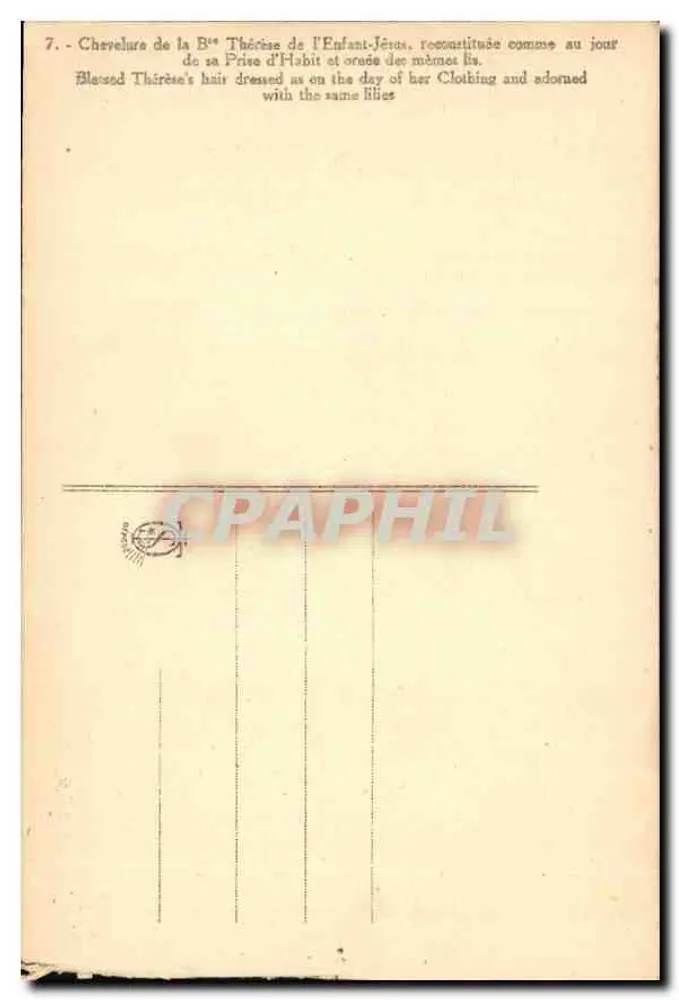 Chevelure de la Béthérèse de l'Enfant-Jésus — reconstituée comme au jour de sa Prise d'Habit — éditeur non visible - Verso