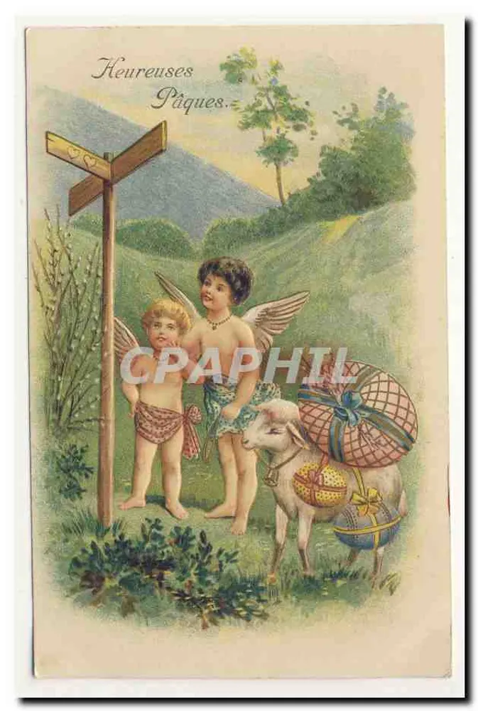 Zwei Engel und ein Lamm mit Osterei-Körben — Keureuses Pâques — Verlag nicht sichtbar - Vorderseite