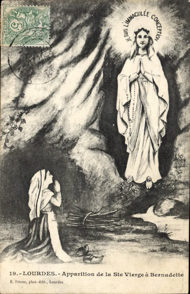 Lourdes — Apparizione della Santa Vergine a Bernadette — E. Frioux, fotografo-editore, Lourdes - Recto