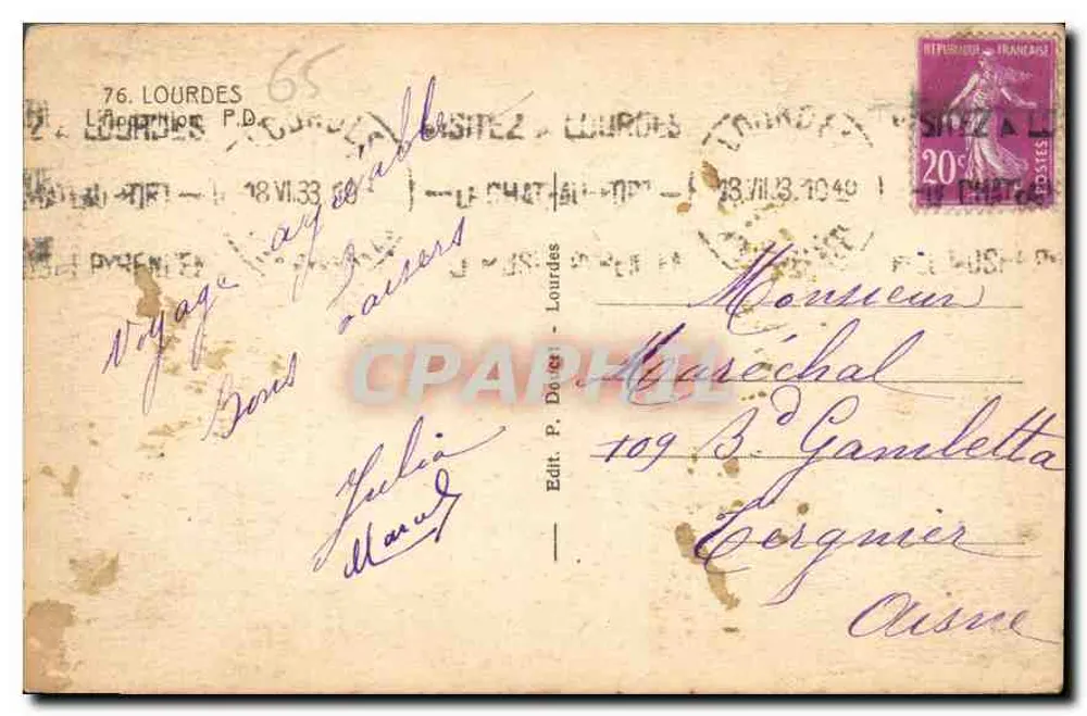 Lourdes — Aparecida de Nossa Senhora de Lourdes — Ed. P. Dore - Lourdes - Verso