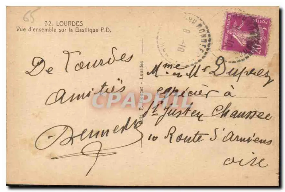 Lourdes — Vista geral da Basílica P.D. — Editor P. Jourdet, n° 32 - Verso