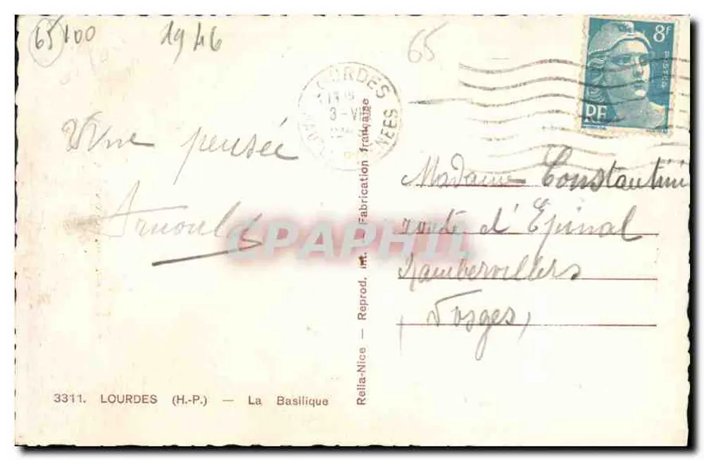 Lourdes — A Basílica — Reila-Nice, n° 3311 - Verso