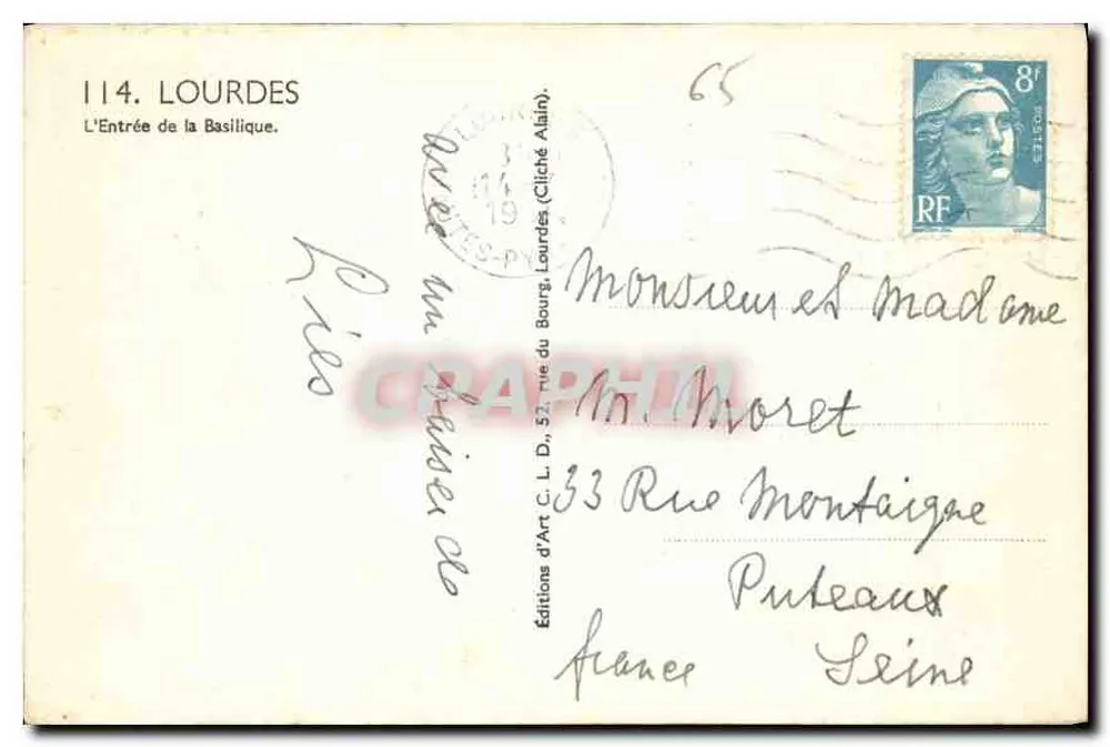 Lourdes — Entrada da Basílica — Edições de Arte C. L. D., n°114 - Verso