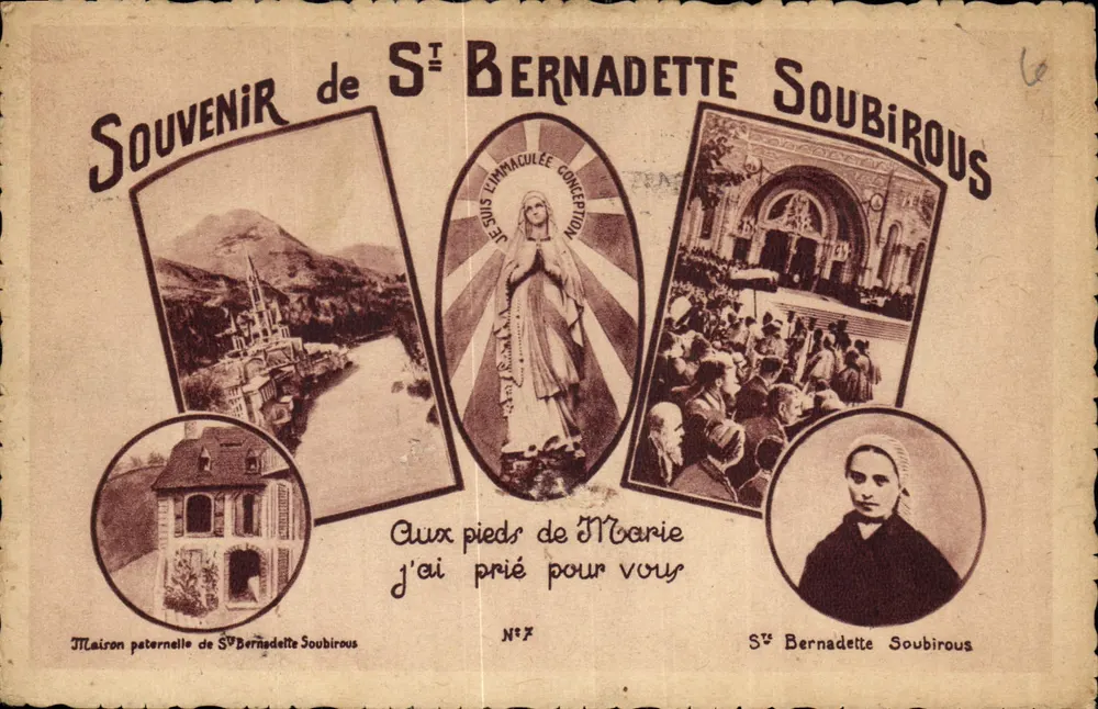 Herinnering aan Sint Bernadette Soubirous — Vaderlijke woning, verschijning, menigte — Uitgave R. Douce Lourdes N°7 - Voorkant