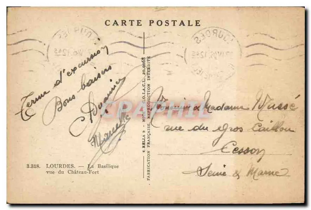 Lourdes — Die Basilika vom Schloss-Fort aus gesehen — Verlag N° 3.318 - Rückseite