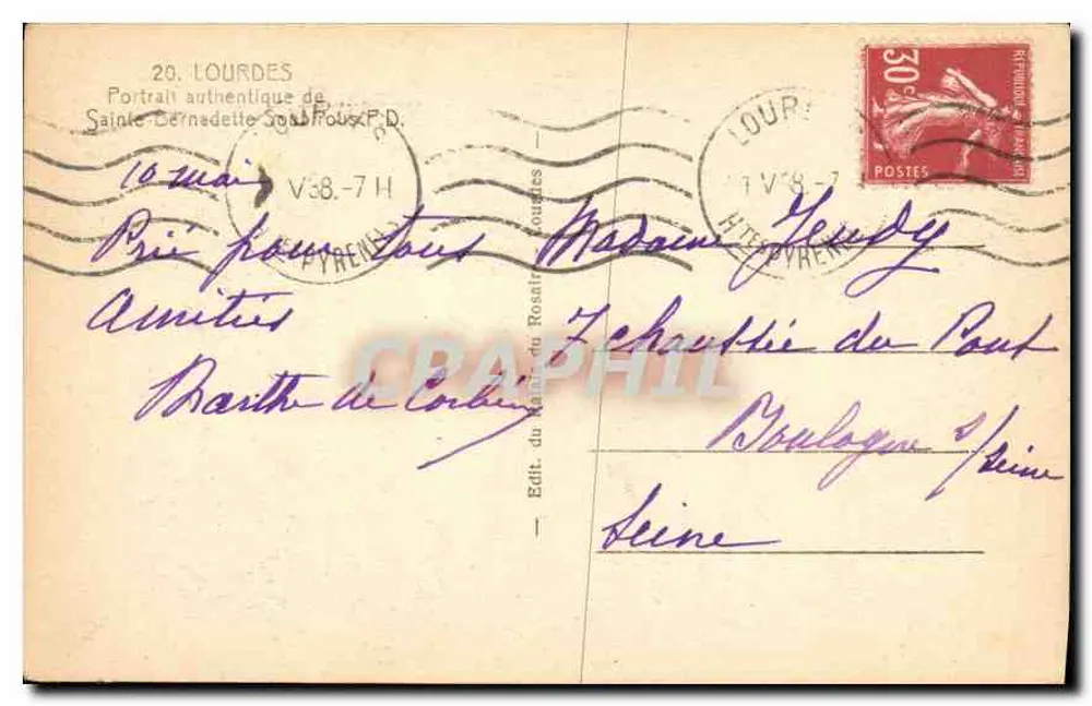 Santa Bernadette Soubirous — Ritratto autentico — Ed. del Nain del Rosario, Lourdes - Verso