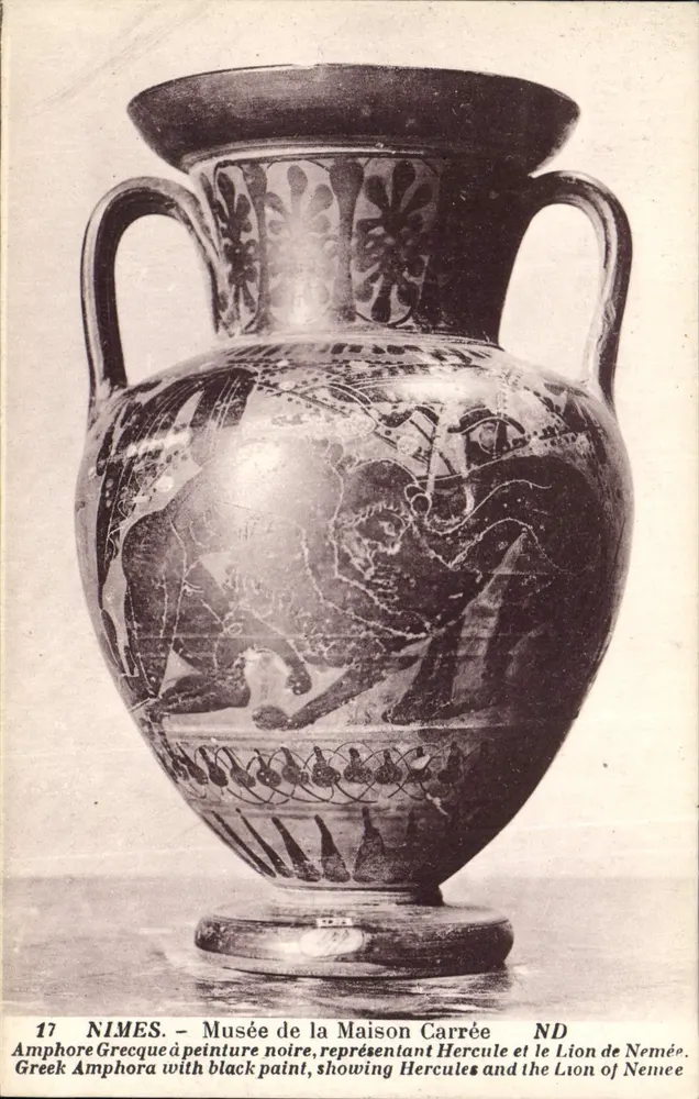 Nîmes — Museu da Maison Carrée — Amfora grega com pintura negra representando Hércules e o Leão de Nêmia - Frente