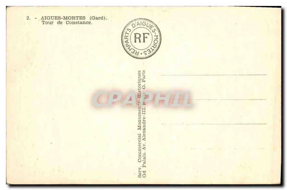 Aigues-Mortes (Gard) — Torre de Constança — editor Serv. Comercial Monuments Historiques Gd Palais - Verso