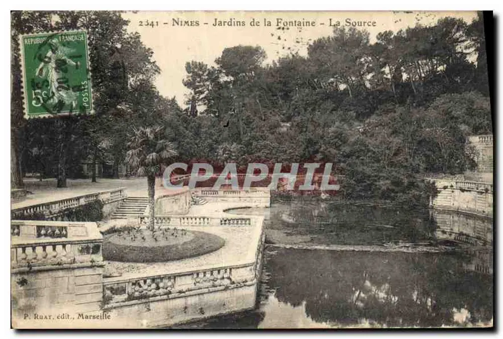 Nîmes - Jardins da Fontaine - A Fonte — P. Ruat, editor, Marselha - Frente