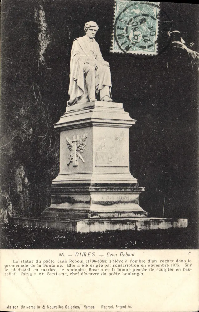 Nîmes — Estátua de Jean Reboul (1796-1864) — Maison Universelle & Nouvelles Galeries, Nîmes - Frente