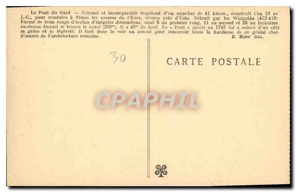 Pont du Gard — Übersicht des Brückens und der Straße, die ihn überquert — Verlag unbekannt, Nr. 12 - Rückseite