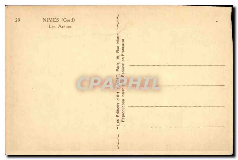 Nîmes (Gard) — As Arènes — Edições de Arte 'VON' Paris - Verso