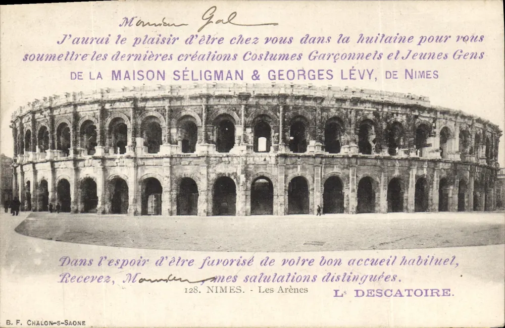 Die Arenen von Nîmes — Werbung für das Geschäft Séligman & Georges Lévy — B. F. Chalon-saône - Vorderseite