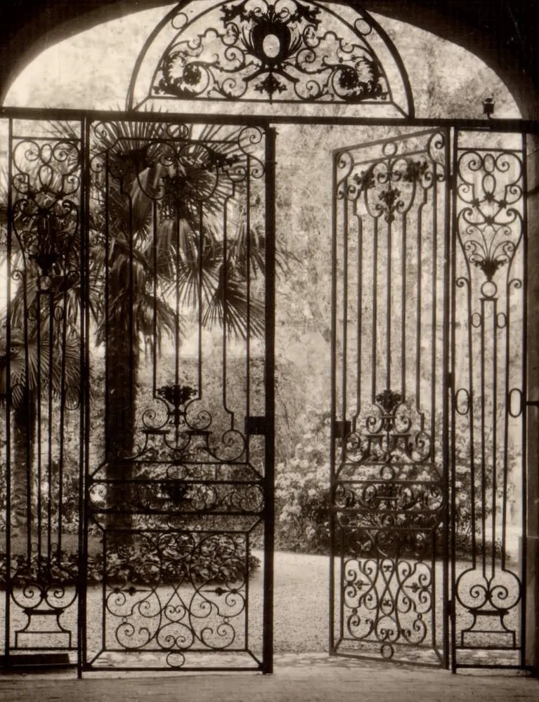 Porta de ferro forjado decorada — jardim tropical — carta postal - Frente