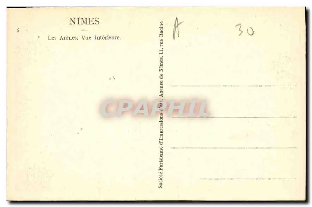 Nîmes — As Arenas. Vista Interna — Sociedade Francesa de Impressões de Arte, Agência de Nîmes, 11, rue Badine - Verso