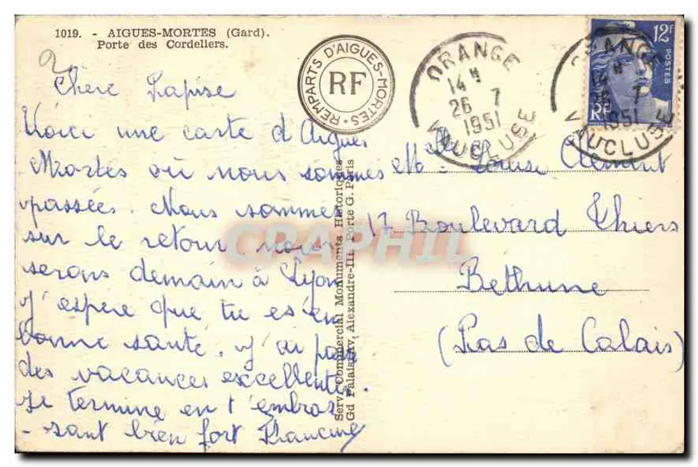 Aigues-Mortes (Gard) — Tor der Cordeliers — Vintage Postcard/Antike Ansichtskarte n°1019, herausgegeben von Serv. Commerçant Monuments Historiques Gd. Palais, Alexandre III, rue G. Paris - Rückseite