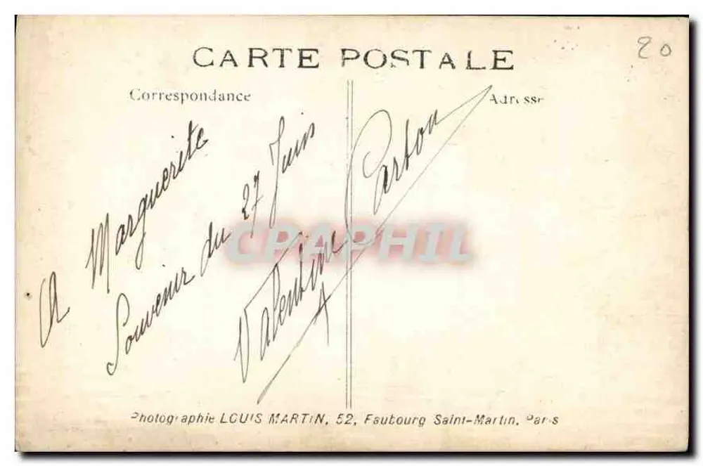 Dejanière — 27 Junho 1912 — Fotografia Louis Martin, 52, Fautour Saint-Martin, Paris - Verso