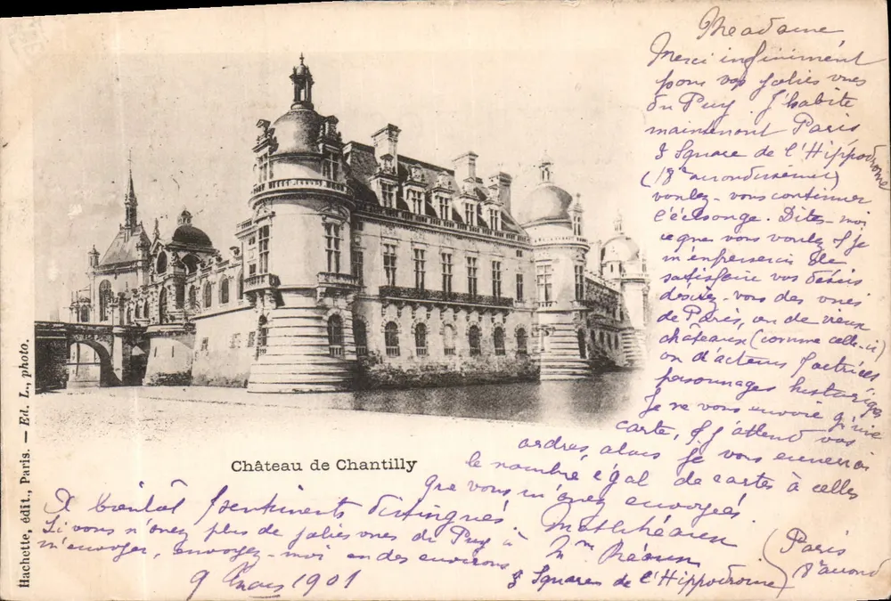 Castelo de Chantilly — vista do castelo e do ponte — Hachette, editor Paris, n° 107 - Frente