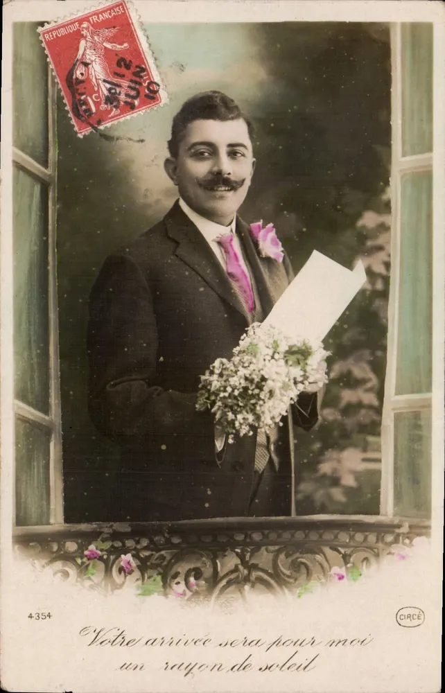 Jungmann im Anzug — mit Blumenstrauß und Brief — Verlag CIRCÉ, Nr. 4354 - Vorderseite